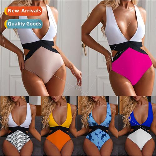 Europe One-piece Swimsu Sexy Splicing Tie Solid Color One-pi