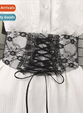 Stchy wide belt women transparent lace decoration dresses su