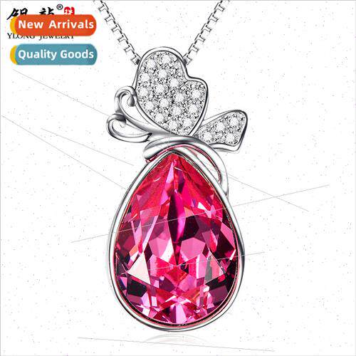 Micro-set butterfly pink crystal necklace 925 silver jewelry