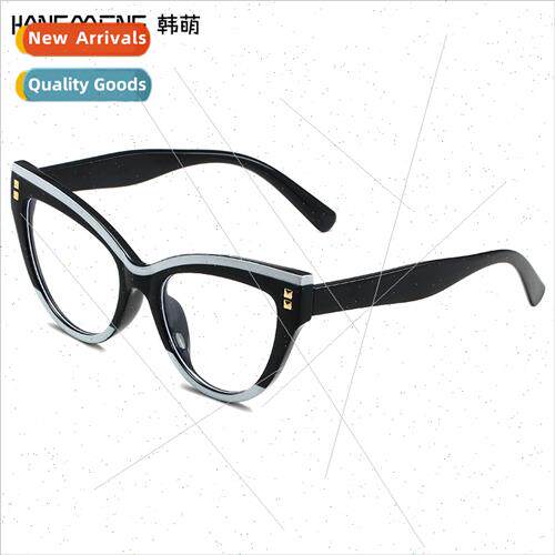 New cat eye rivets black whe frame flat glasses Europe fashi