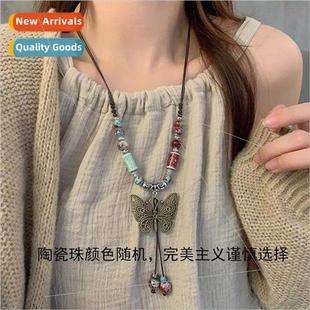 Ethnic retro butterfly ceramic beaded necklace female 2023 n