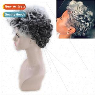 Europe wig women black gradient color short curly hair wig f