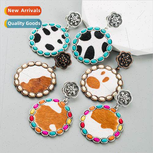 Europe new retro earrings alloy turquoise milk grain leather