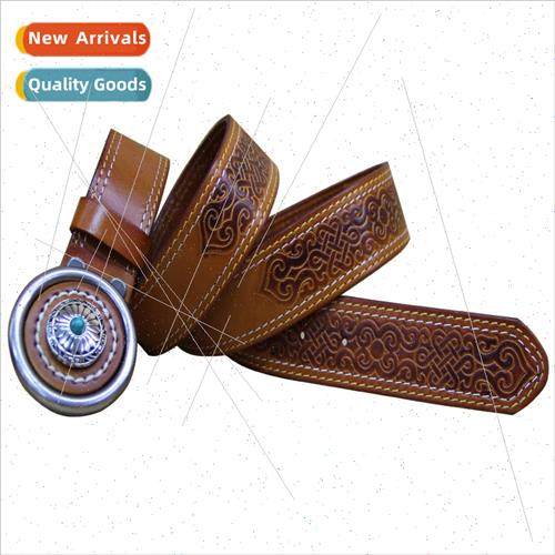 Mongolia Genuine Leather Belt Ethnic Auspicious Pattern Men
