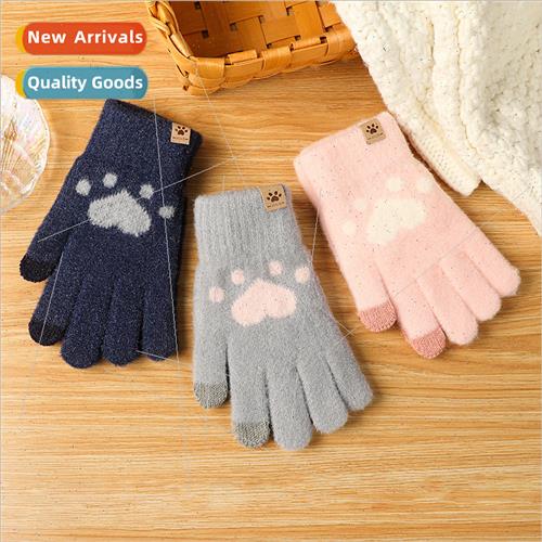 Gloves female winter warm cold cute riding cat paw wool touc
