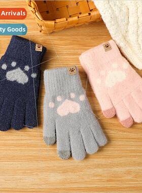 Gloves female winter warm cold cute riding cat paw wool touc