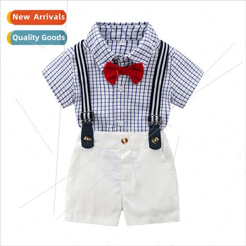 New boys summer su blue plaid cardigan strappy shorts two-pi