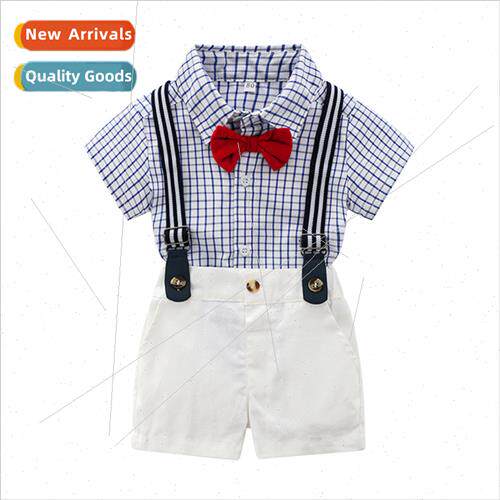 New boys summer su blue plaid cardigan strappy shorts two-pi
