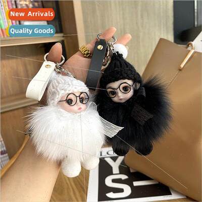 Cute real fox hair big eyes Barbie car keychain pendant plus