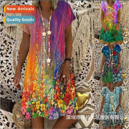 2023 Summer New Floral Print Women V-Neck Short Sleeve Dress