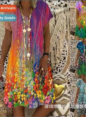 2023 Summer New Floral Print Women V-Neck Short Sleeve Dress