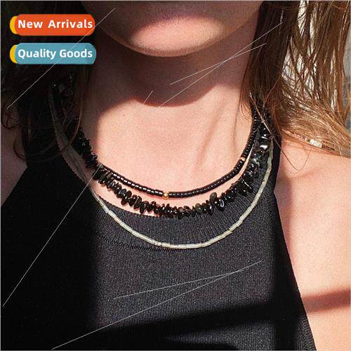 Vintage handmade beaded black onyx necklace female niche Spi