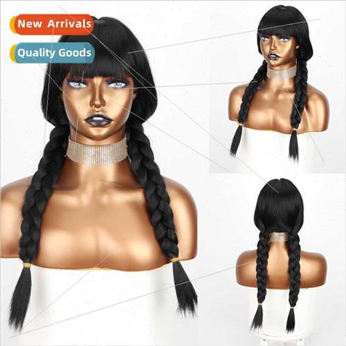 Long black double ponytail wig bangs 适用role-playing double
