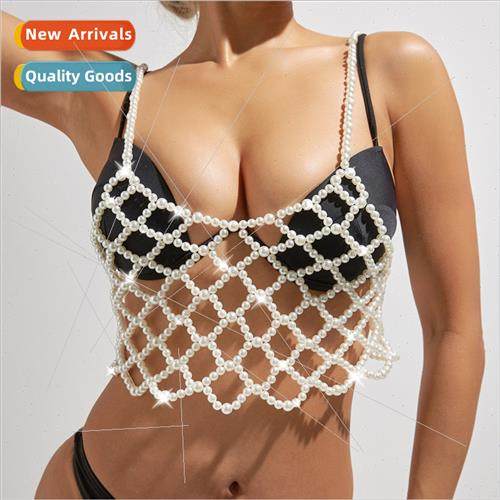 Europe summer fashion handmade knted fishing net pearl bra s