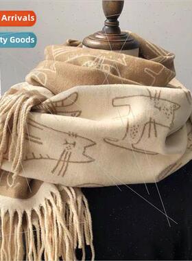 2023 new thickened tassel scarf female cat printed faux cash