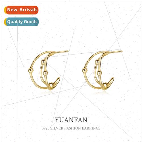 S925 silver three-layer hollow half-circle C-shaped earrings