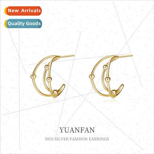 S925 silver three-layer hollow half-circle C-shaped earrings