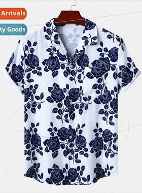 Hawaiian Beach Cuban Neck Ice lk Draped Digal Printed Casual