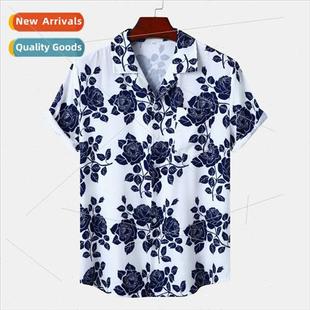 Neck Ice Printed Beach Casual Digal Cuban Draped Hawaiian