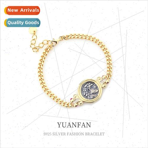 S925 lver Vintage Aged Portra Ancient Coin Bracelet che HJew