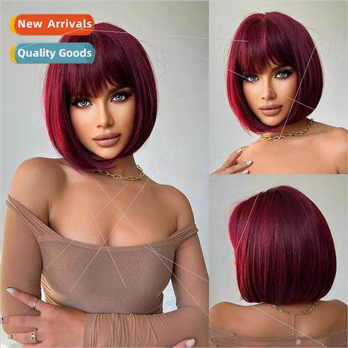 Wig short hair female student head round face burgundy full