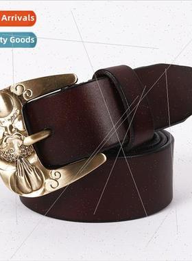Engraved Dharma Pattern Copper Pin Buckle Men Leather Belt C