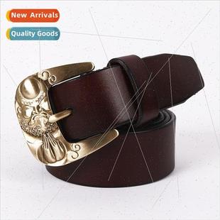 Engraved Dharma Pattern Copper Pin Buckle Men Leather Belt C