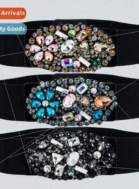 ins Europe Crystal Gemstone Wide Belt Black Elastic Stch Wov