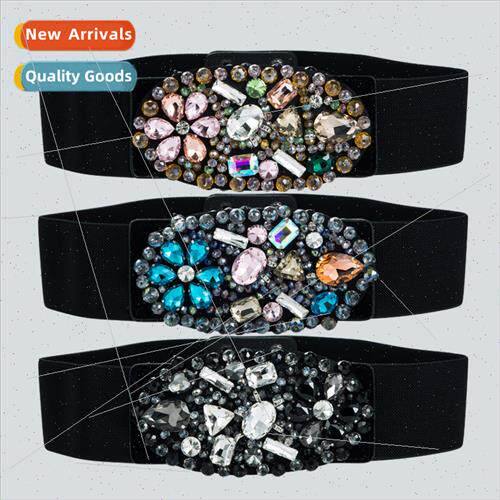 ins Europe Crystal Gemstone Wide Belt Black Elastic Stch Wov