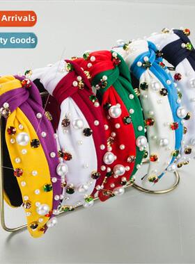 Hair bands creative color blocking fabric knot beads diamond
