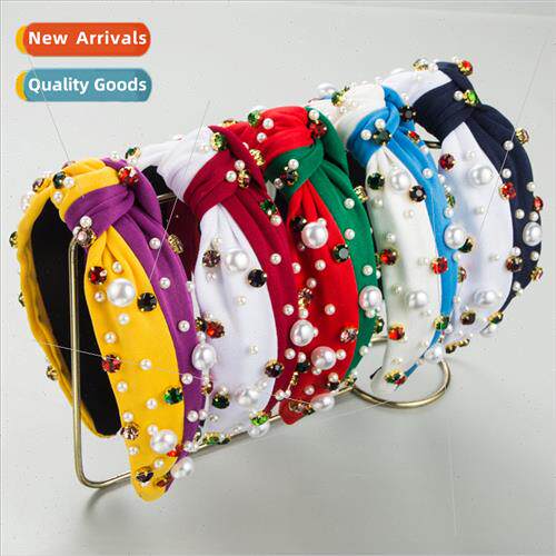 Hair bands creative color blocking fabric knot beads diamond