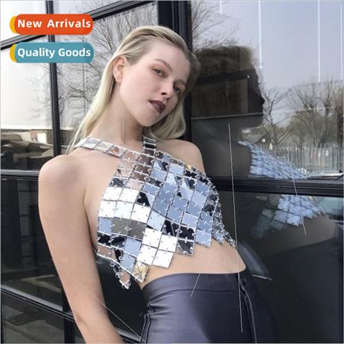 180155 Europe vest square acrylic sequins patchwork neckline
