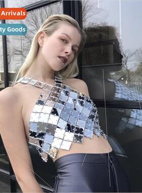 180155 Europe vest square acrylic sequins patchwork neckline