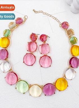 Color Blocking Resin Necklace Earrings Set Fashion Creative