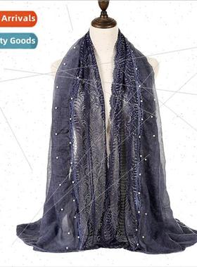 Cotton linen lace edge stapled pearl ladies scarf wrap heads