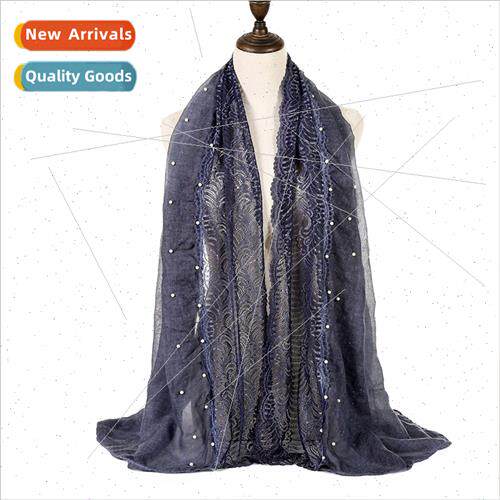 Cotton linen lace edge stapled pearl ladies scarf wrap heads