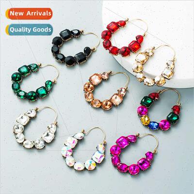 Europe big  geometric alloy inlaid color rhinestone earrings