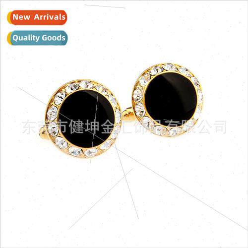 Gold Diamond Enamel Cufflinks Round Black Drip Cufflinks
