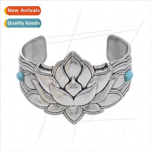 Vintage lotus-shaped three-color open wide bracelet ethnic t