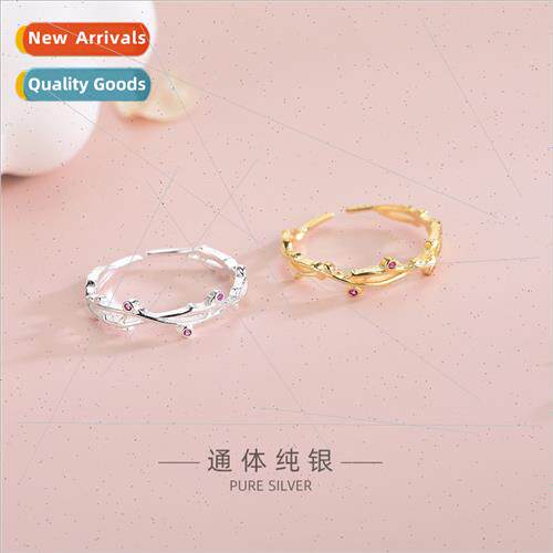Korea fashion sweet simple leaves wh diamonds ring S925 silv