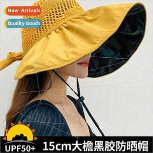brim vinyl hollow round breathable bow large hat Summer sun