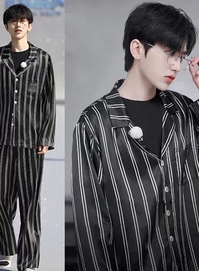 蔡徐坤任嘉伦明星款情侣冰丝睡衣黑色夏季家居服可外穿男女友礼物