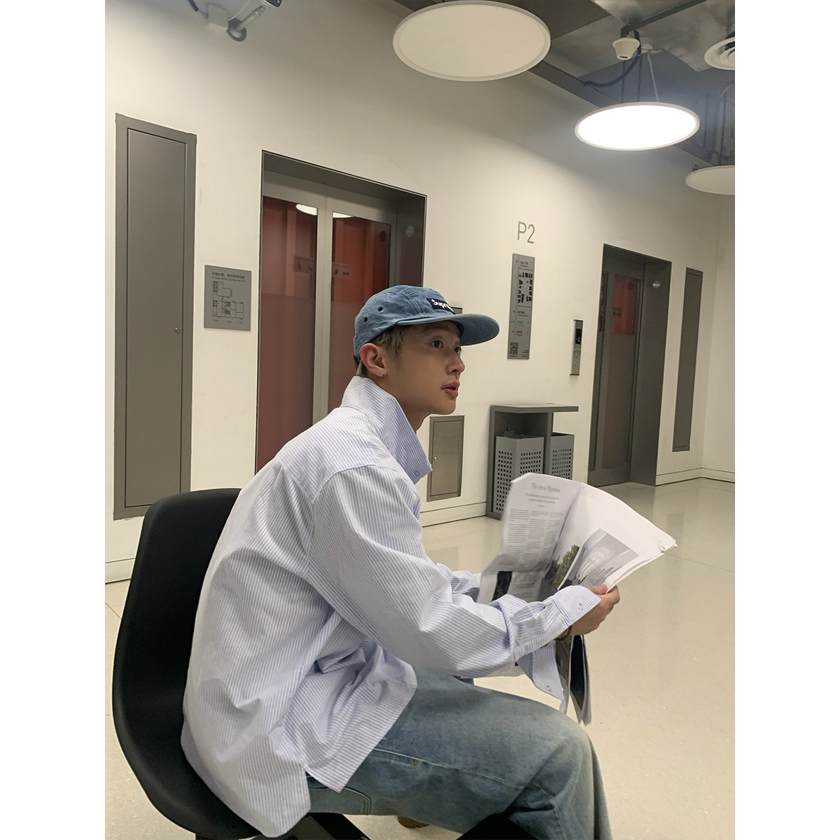 HOK美式复古宽松条纹长袖衬衫套头睡衣风慵懒长袖衬衣情侣上衣潮