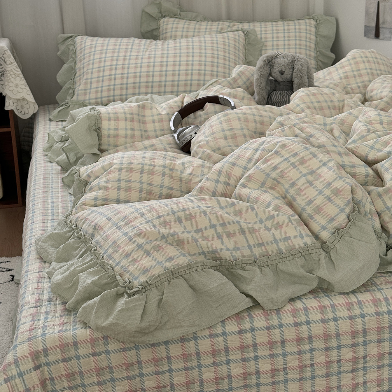 小清新少女荷叶花边床盖款四件套双层纱水洗棉格子被套床品三件套