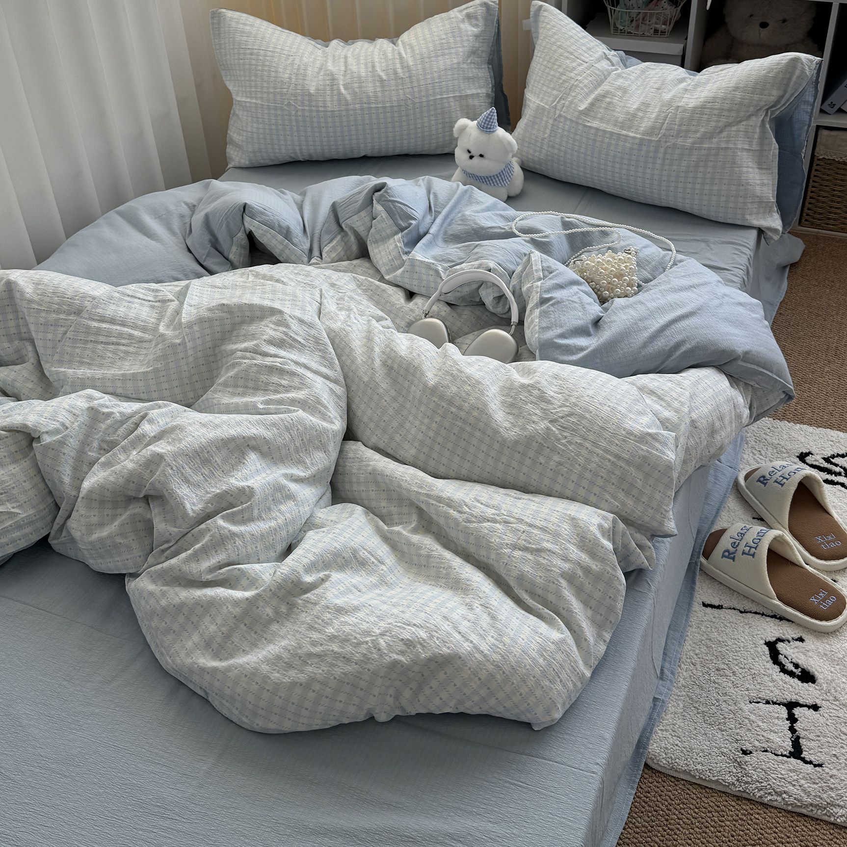 海盐浅蓝爱心水洗棉双层纱床上四件套文艺少女学生被套床单三件套