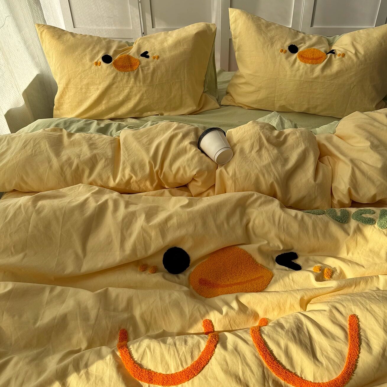 小清新ins可爱小鸭鸭毛巾绣水洗棉四件套奶黄被套学生宿舍三件套