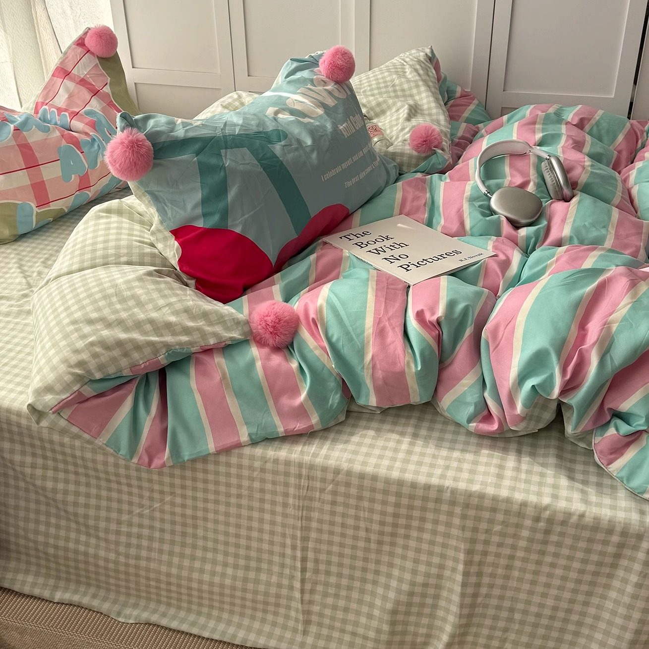 多巴胺少女毛球球~ins风条纹水洗棉床上四件套混搭被套床单三件套