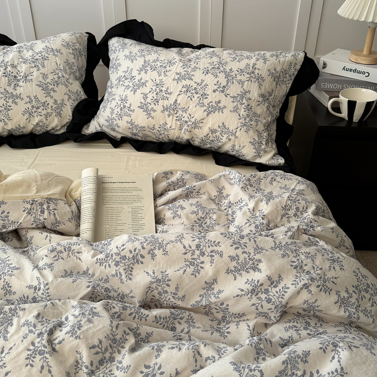 法式赫本褶皱花边水洗棉四件套田园小碎花被套学生宿舍床单三件套