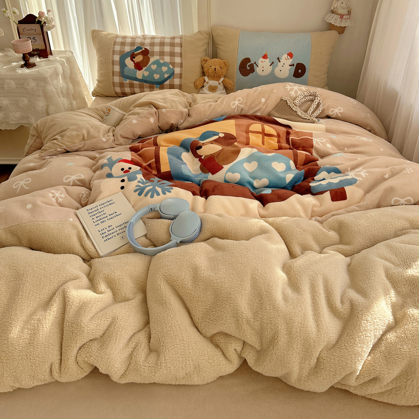 冬季保暖拼接泰迪绒四件套