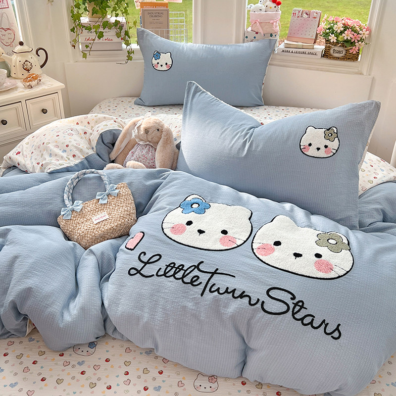 小清新可爱猫咪毛巾绣四件套